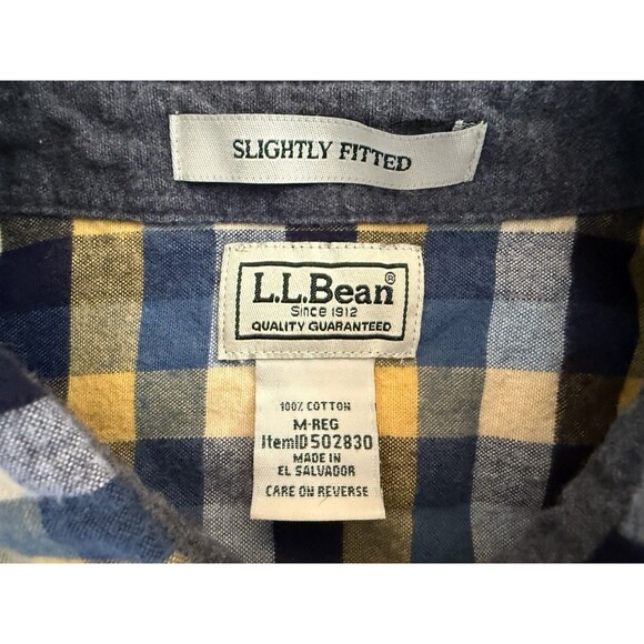 LL Bean Button Up Flannel Shirt Men's Medium Blue Yellow Plaid Slightly Fitted - Picture 3 of 6